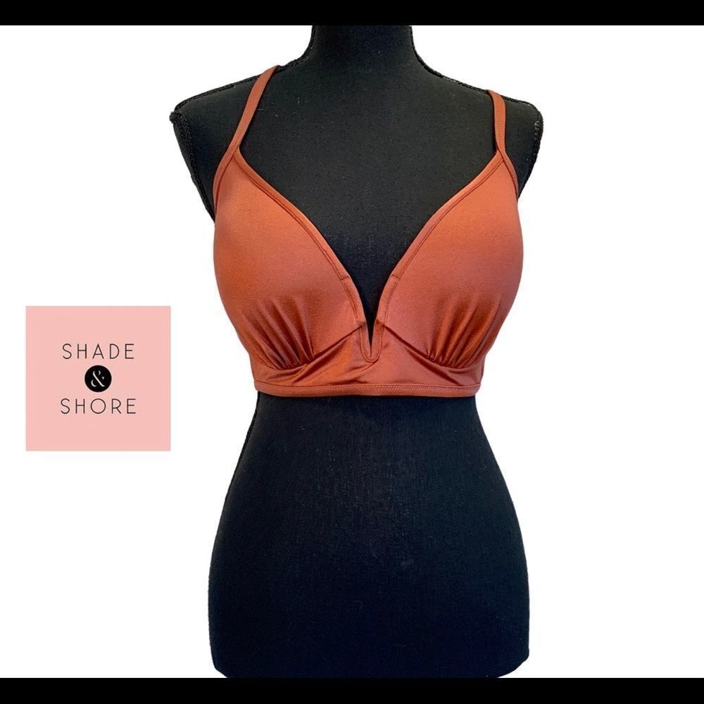 SHADE & Shore Rust Brown bronze deep V bikini top Sz 34D